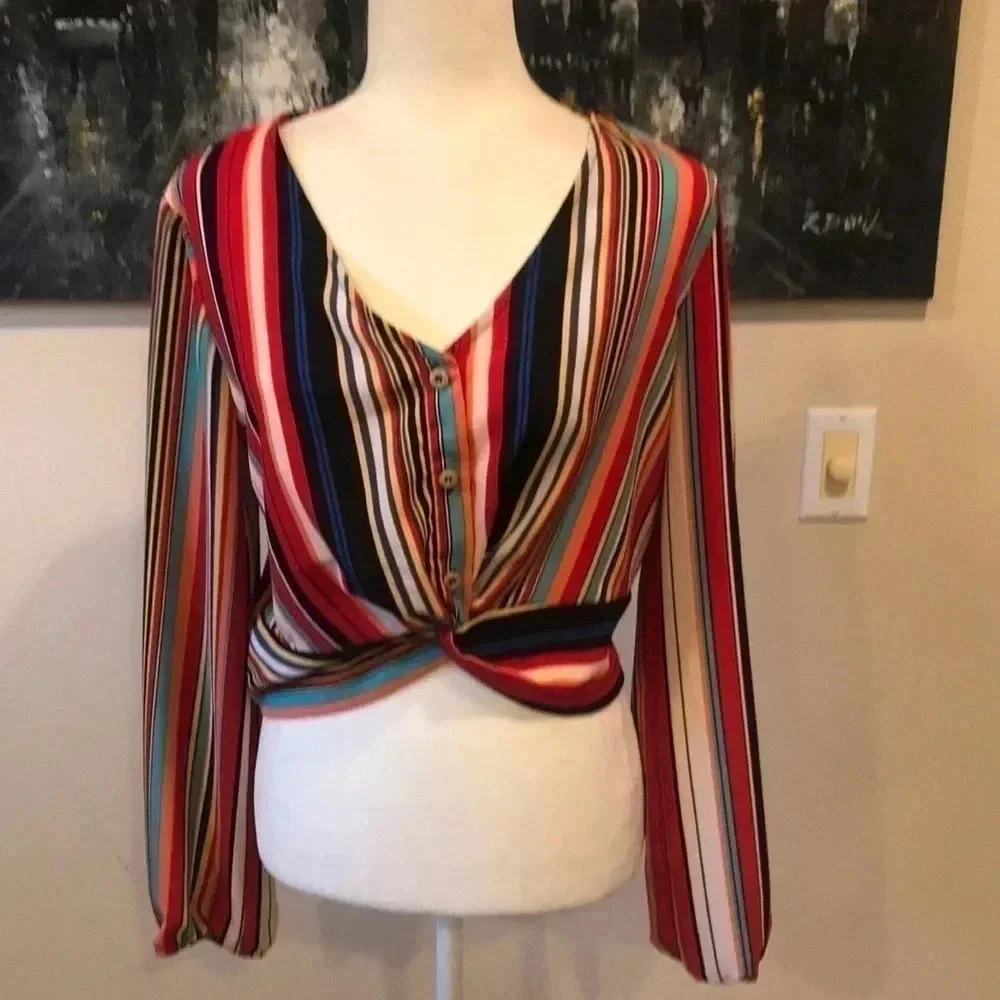 Polly & Esther Vibrant Striped Button Front Long Sleeved Cropped Top-Size L